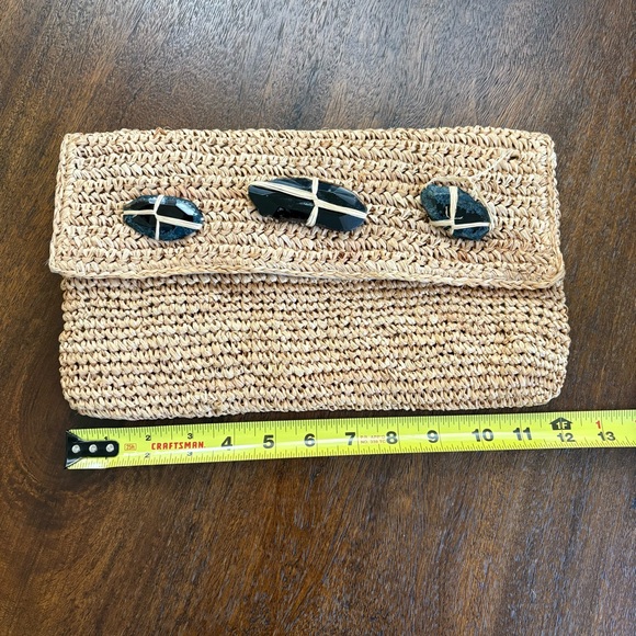 Tommy Bahama Raffia Clutch 12”x7” with 3 Raw Cut Stones Accent Clasp Flap Suede - Picture 8 of 10